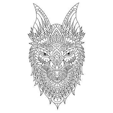 Hand drawn zentangle wolf head in zentangle style