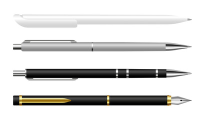 Set of realistic pens. Fountain pen and ballpoint pen. Office stationery for writing. School writing items. Vector illustration.