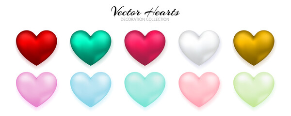 Set of helium balloons. Collection of realistic ballons of heart shapes, different colors, matte and glossy shades. Festive colorful decorative 3d render object. Celebration decor. vector illustration
