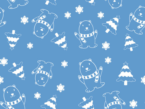 polar bears wearing scraft seamless pattern background with christmas trees and snowflakes on light blue background. winter pattern with snowflakes, winter greetings cute cartoon background .