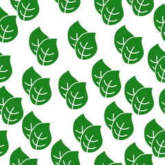 Green leaves seamless pattern on white background, bright pair of leaf silhouettes for design