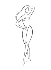Line art, fashion sketch of woman in swimsuit. Elegant model pose, beautiful nude girl posing sexy. 