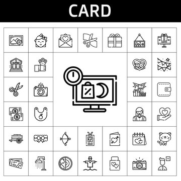 card icon set. line icon style. card related icons such as gift, shower, woman, wedding gift, garter, photo camera, scarecrow, cart, bank, cat, love letter, valentines day, flowers