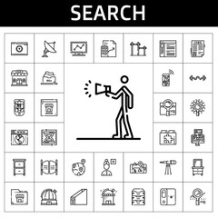 search icon set. line icon style. search related icons such as job search, real estate, drawer, archive, gps, advertising, filing cabinet, research, bars, observatory, analytics