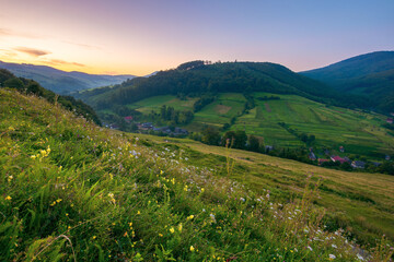 rural valley landscape at dawn. beautiful carpathian nature scenery with grassy hills, fields and meadows between forested hills. small village in the distance. cloudless sky
