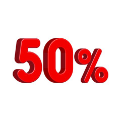 Red 3D Fifty Percent, 50%, Isolated on White Background. Vector Illustration