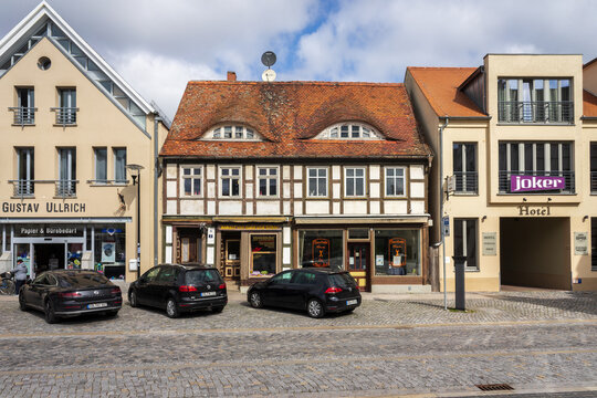 STENDAL, GERMANY - APRIL 24, 2021: Houses and buildings on the streets in the old town. Hansestadt Stendal is a medieval town in Saxony-Anhalt state.
