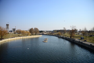 MINSK, BELARUS - APRIL 15, 2019: Beautiful view of the Writers Park and Independence Avenue from the observation deck of the National Library of Minsk