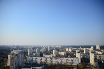 Fototapeta premium MINSK, BELARUS - APRIL 15, 2019: Beautiful view of the Writers Park and Independence Avenue from the observation deck of the National Library of Minsk