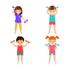 Collection children with dumbbels. Kids fitness. Boys and girls activity