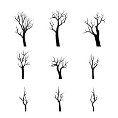 Collection different naked trees silhouettes. Hand drawn vector illustration