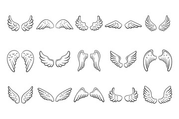 Fairy black contour wings set on white background. Collection hand drawn angel wings