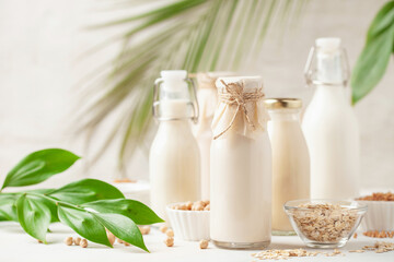 Dairy free alternative plant and nut milk in glass bottles on a gray background. Healthy vegan food...