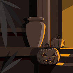 At the doorstep of the house is a jug and pumpkins. Vector illustration.