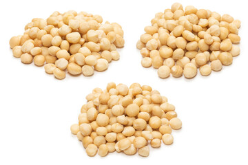 Macadamia nuts isolated on white background.
