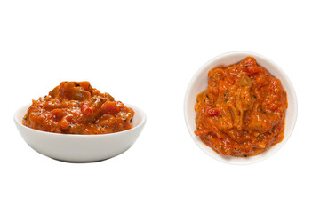 Vegetable stew in a bowl isolated on white background.