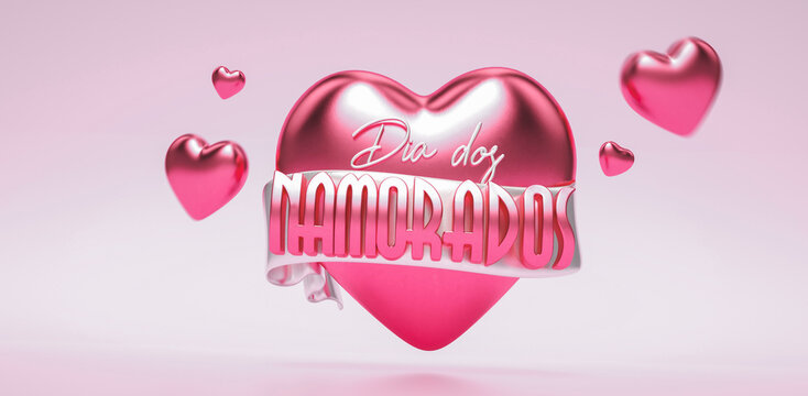 Dia dos namorados texto 3d vermelho, com faixa e coração em fundo cor de rosa