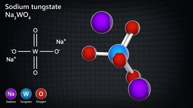 Sodium tungstate is the inorganic compound with the formula Na2WO4. 3D render. Seamless loop. Chemical structure model: Ball and Stick.