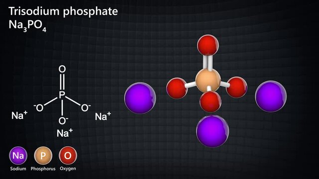 Trisodium phosphate (TSP), formula Na3PO4 or Na3O4P. TSP are used as degreaser or food additive. 3D render. Seamless loop. Chemical structure model: Ball and Stick. 