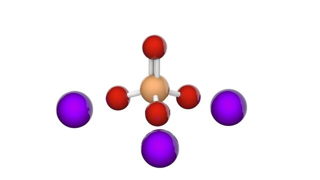 Trisodium phosphate (TSP), formula Na3PO4 or Na3O4P. TSP are used as degreaser or food additive. 3D render. Seamless loop. Chemical structure model: Ball and Stick. White background.