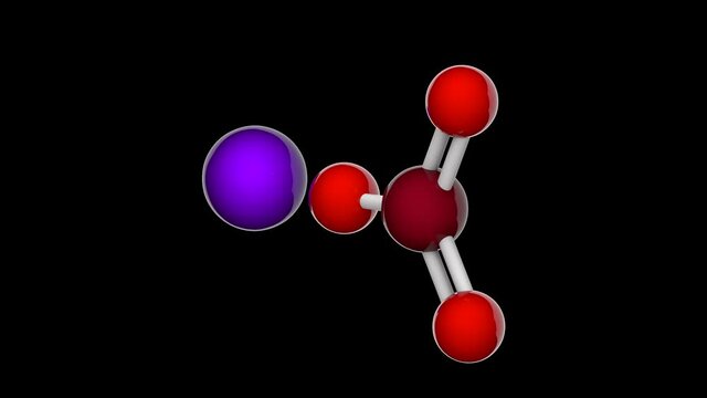 Sodium bromate, the inorganic compound with the chemical formula of NaBrO3 or BrNaO3. 3D render. Seamless loop.Chemical structure model: Ball and Stick. RGB + Alpha (Transparent) channel.