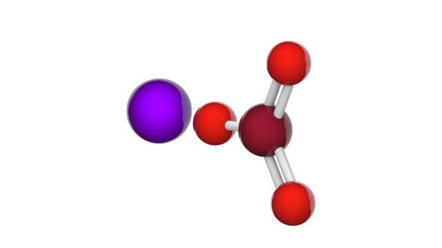 Sodium bromate, the inorganic compound with the chemical formula of NaBrO3 or BrNaO3. 3D render. Seamless loop.Chemical structure model: Ball and Stick. White background.