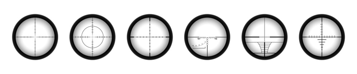 Crosshairs of a sniper scope reticle. Cross hairs of a rifle gun aiming optical viewfinder.