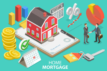3D Isometric Flat Vector Conceptual Illustration of Mortgage, Real Estate Deal, Home Loan Agreement