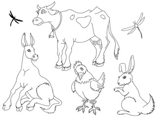 Domestic animals outlined set. A collection of farm animals, cow, donkey, rabbit, and chicken ready to color