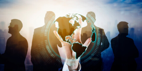 Businessman hands touching globe on virtual screen