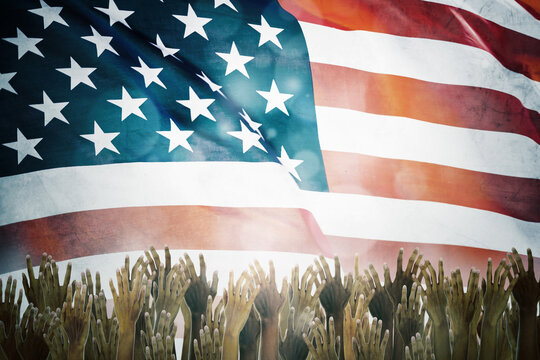 Diversity Hands Of People With United States Flag