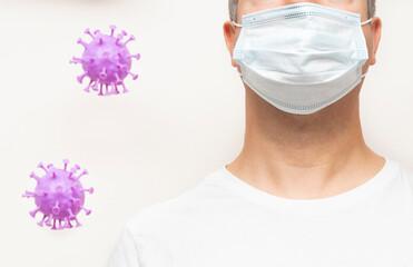 person with a protection mask and virus covid cells