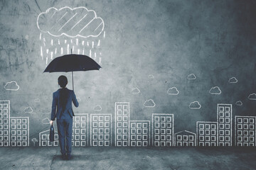 Female entrepreneur holds umbrella under raining