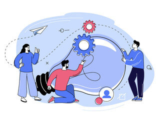 Business team brainstorming and generating ideas. People holding gears and light bulb. Working team collaboration, corporate meeting, business strategy and planning concept. Vector illustration