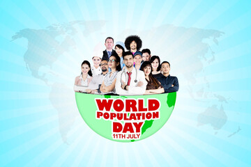 Multiracial people with world population day text