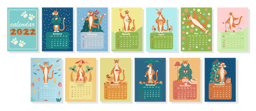 Calendar template 2022 with images of tigers - symbols of the Chinese calendar year. Design concept with tigers in different seasons. A set of 12 months, 12 different pages. Vector illustration