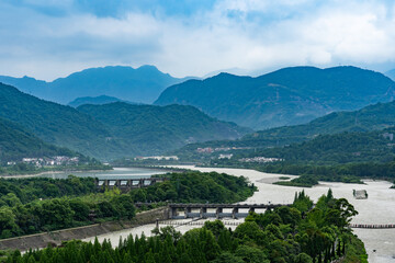 Panorama of the Dujiang Dam , an ancient irrigation system in Dujiangyan City, Sichuan, China