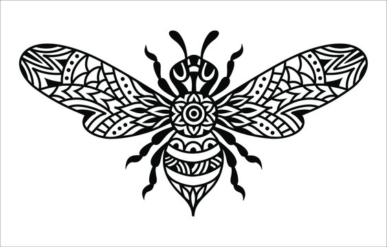 Bee mandala. Vector silhouette illustration. Monochrome zentangle bumblebee. Linear art symbol. Vintage insect.