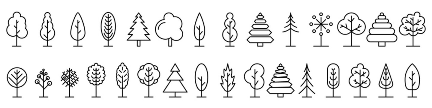 Big set of minimal trees linear icons. Vector illustration