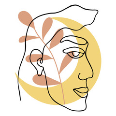 Black outline abstract face on white background. Hand drawing line art illustration. Female portrait with colorful moon and floral.