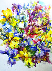 Abstract bright colored decorative background . Floral pattern handmade . Beautiful tender romantic bouquet of iris flowers , made in the technique of watercolors from nature.