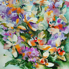 Fototapeta na wymiar Abstract bright colored decorative background . Floral pattern handmade . Beautiful tender romantic bouquet of orchid flowers , made in the technique of watercolors from nature.