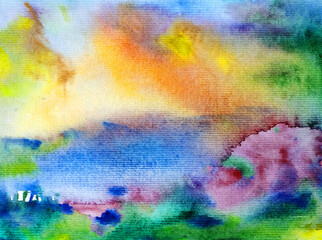 Watercolor colorful bright textured abstract background handmade . Mediterranean landscape . Painting of architecture and vegetation of the sea coast , made in the technique of watercolors from nature