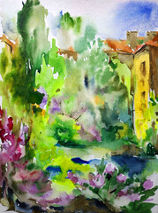 Watercolor colorful bright textured abstract background handmade . Mediterranean landscape . Painting of architecture and vegetation of the sea coast , made in the technique of watercolors from nature