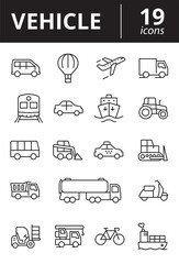 Vehicle and transport icons set. Collection simple symbols. Outline vector signs.