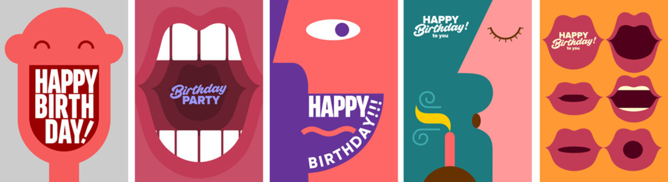 Birthday. Simple, fun, vector illustrations. A set of vector illustrations. Happy birthday greeting. Happy face. A screaming mouth. The man blows out the candle.