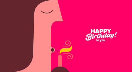 Birthday. Simple, fun, vector illustrations.The girl blows out the candle on the cake.