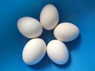 White eggs in the shape of a flower in a blue bowl. Easter Egg.