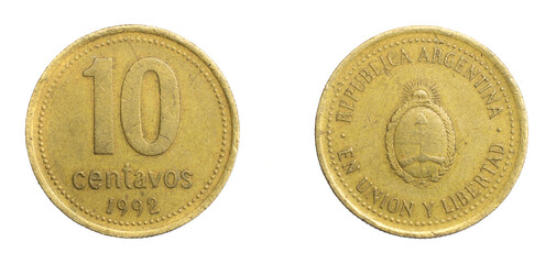 Argentina ten centavos coin on a white isolated background