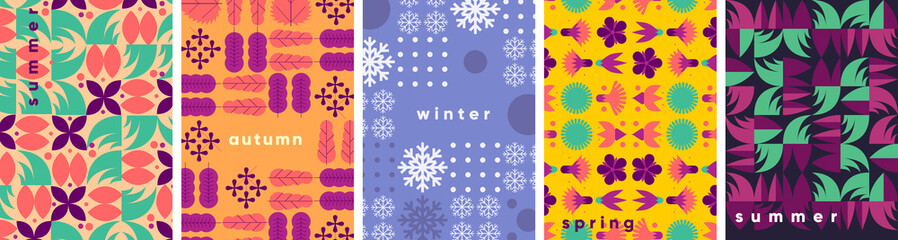 Geometric abstraction. Seasons. Summer, winter, autumn, spring. A set of vector illustrations.  Background pattern for a poster, banner, or flyer.